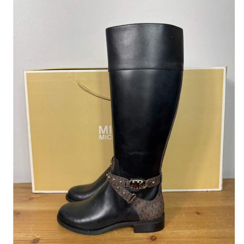 New Michael Kors Kincaid Leather Riding Boot in Black/Brown Women's Size 6 - Picture 3 of 8